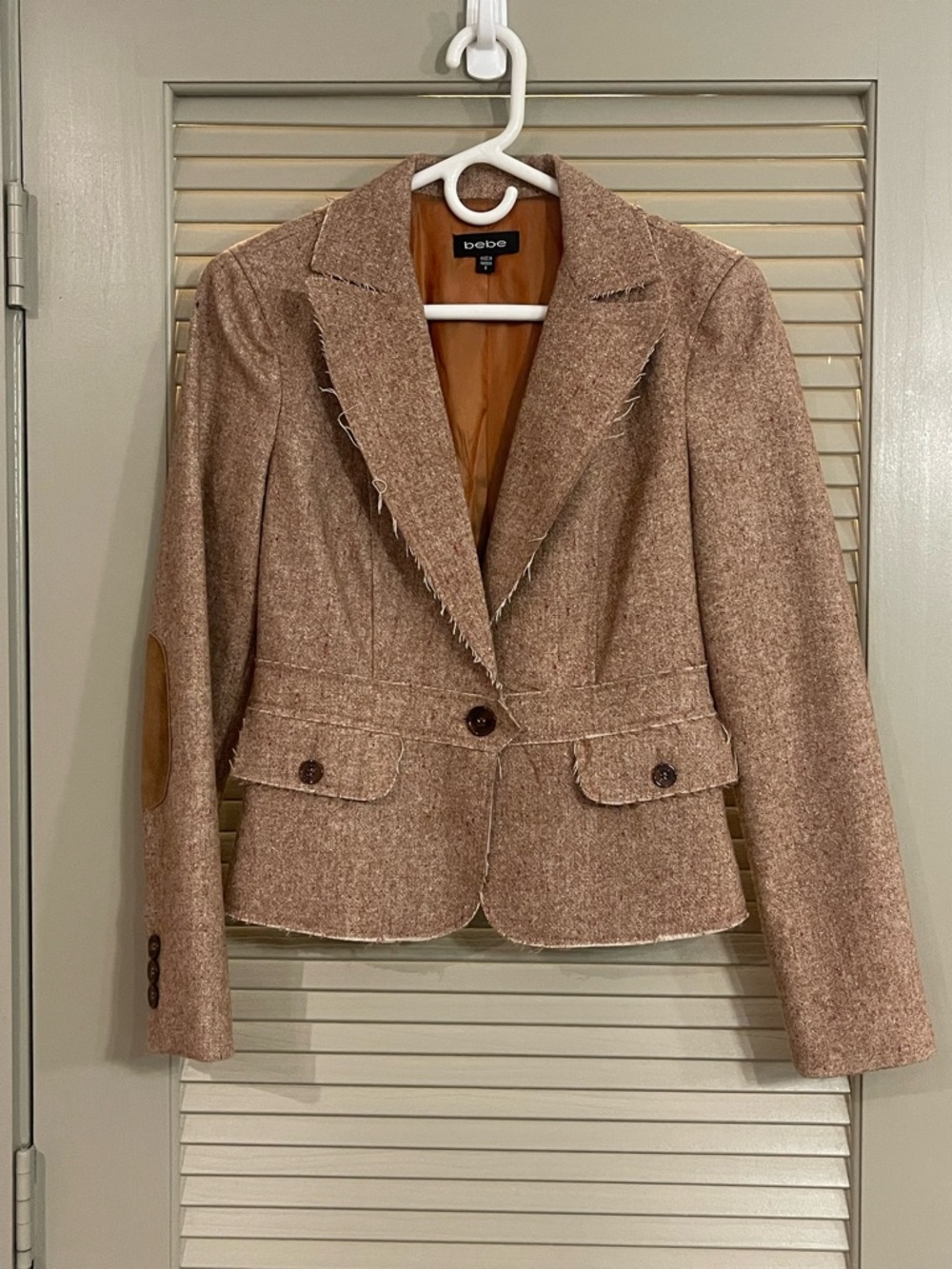 BeBe Tan Brown Tweed Single-Button Blazer with Elbow Patches